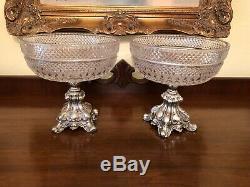 Belle Paire Vintage Pedestal Compote D'argent Et Cristal Taillé Centerpieces