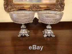 Belle Paire Vintage Pedestal Compote D'argent Et Cristal Taillé Centerpieces