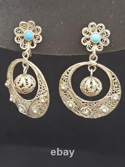 Boucles d'oreilles VTG en cannetille portugaise en vermeil argent 833 avec goutte de boule et fleur turquoise