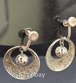 Boucles d'oreilles VTG en cannetille portugaise en vermeil argent 833 avec goutte de boule et fleur turquoise