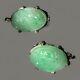 Boucles D'oreilles Clips En Jade Sculpté Vintage Ou Antique Montées En Argent Sterling