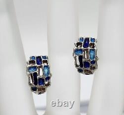 Boucles d'oreilles clips vintage en argent sterling et émail bleu de Karl Jorgen Otteren