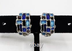 Boucles d'oreilles clips vintage en argent sterling et émail bleu de Karl Jorgen Otteren
