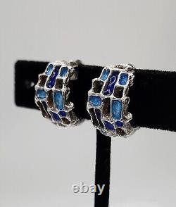 Boucles d'oreilles clips vintage en argent sterling et émail bleu de Karl Jorgen Otteren