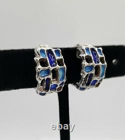 Boucles d'oreilles clips vintage en argent sterling et émail bleu de Karl Jorgen Otteren
