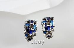 Boucles d'oreilles clips vintage en argent sterling et émail bleu de Karl Jorgen Otteren