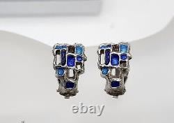 Boucles d'oreilles clips vintage en argent sterling et émail bleu de Karl Jorgen Otteren