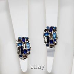 Boucles d'oreilles clips vintage en argent sterling et émail bleu de Karl Jorgen Otteren