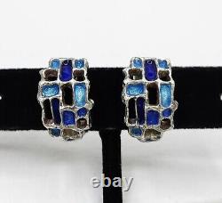 Boucles d'oreilles clips vintage en argent sterling et émail bleu de Karl Jorgen Otteren