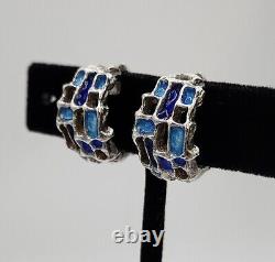 Boucles d'oreilles clips vintage en argent sterling et émail bleu de Karl Jorgen Otteren