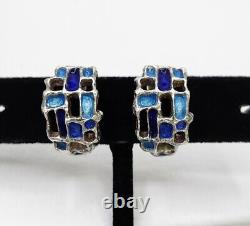 Boucles d'oreilles clips vintage en argent sterling et émail bleu de Karl Jorgen Otteren