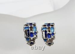 Boucles d'oreilles clips vintage en argent sterling et émail bleu de Karl Jorgen Otteren