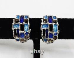 Boucles d'oreilles clips vintage en argent sterling et émail bleu de Karl Jorgen Otteren