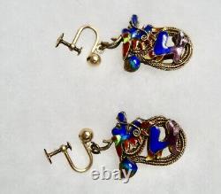 Boucles d'oreilles en argent exporté chinois vintage avec vermeil et émaux cloisonnés de dragon, attaches à vis en métal doré.