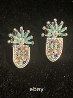 Boucles d'oreilles en argent sterling Zuni vintage, à pierres multicolores