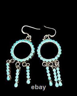 Boucles d'oreilles en argent sterling avec 72 pierres de turquoise montées en affleurement de style Zuni vintage
