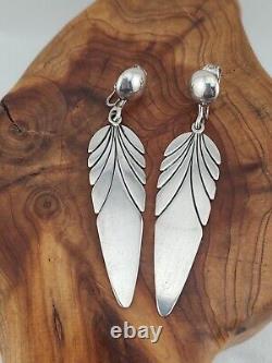 Boucles d'oreilles en argent sterling natif américain vintage longues avec fermoirs clips en forme de feuille