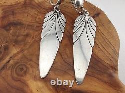 Boucles d'oreilles en argent sterling natif américain vintage longues avec fermoirs clips en forme de feuille
