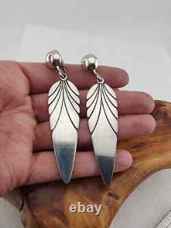 Boucles d'oreilles en argent sterling natif américain vintage longues avec fermoirs clips en forme de feuille
