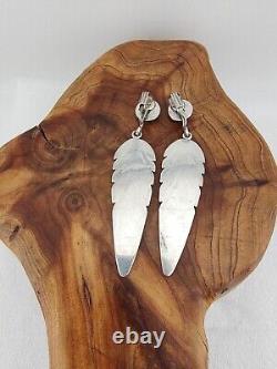 Boucles d'oreilles en argent sterling natif américain vintage longues avec fermoirs clips en forme de feuille