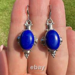 Boucles d'oreilles en argent sterling vintage 925 pour femmes avec pierre de lapis lazuli signée 7g