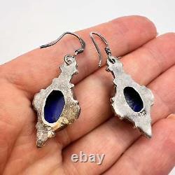 Boucles d'oreilles en argent sterling vintage 925 pour femmes avec pierre de lapis lazuli signée 7g