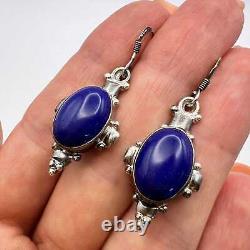 Boucles d'oreilles en argent sterling vintage 925 pour femmes avec pierre de lapis lazuli signée 7g