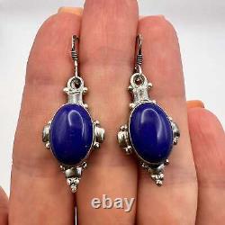 Boucles d'oreilles en argent sterling vintage 925 pour femmes avec pierre de lapis lazuli signée 7g