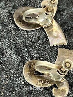Boucles d'oreilles en argent sterling vintage Taxco avec émail, perroquet, abalone et broche en onyx marquée d'une couronne