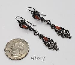 Boucles d'oreilles pendantes en argent sterling vintage berbères kabyles algériennes avec corail rouge