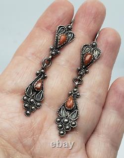 Boucles d'oreilles pendantes en argent sterling vintage berbères kabyles algériennes avec corail rouge