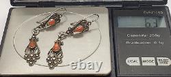Boucles d'oreilles pendantes en argent sterling vintage berbères kabyles algériennes avec corail rouge
