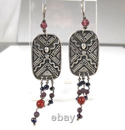 Boucles d'oreilles pendantes en pierres précieuses en argent sterling de Vtg. Jeremy & Carrie Gicker 1991