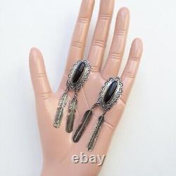 Boucles d'oreilles pendantes percées en onyx noir vintage Navajo avec décoration en stampillage