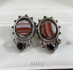 Boucles d'oreilles vintage en argent sterling 925 et agate bande, à vis articulées