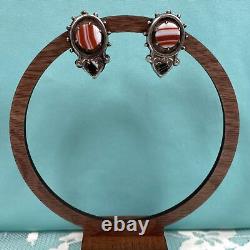 Boucles d'oreilles vintage en argent sterling 925 et agate bande, à vis articulées