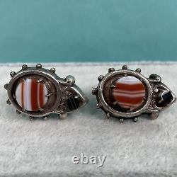 Boucles d'oreilles vintage en argent sterling 925 et agate bande, à vis articulées