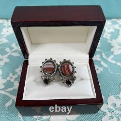 Boucles d'oreilles vintage en argent sterling 925 et agate bande, à vis articulées