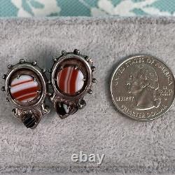 Boucles d'oreilles vintage en argent sterling 925 et agate bande, à vis articulées