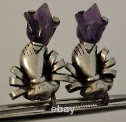 Boucles d'oreilles vintage en argent sterling design William Spratling avec main et tulipe en améthyste