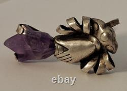 Boucles d'oreilles vintage en argent sterling design William Spratling avec main et tulipe en améthyste