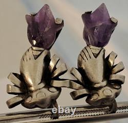 Boucles d'oreilles vintage en argent sterling design William Spratling avec main et tulipe en améthyste