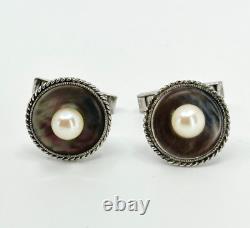 Boutons de manchette en perles de culture d'eau de mer Akoya en argent sterling et en nacre noire, vintage du Japon