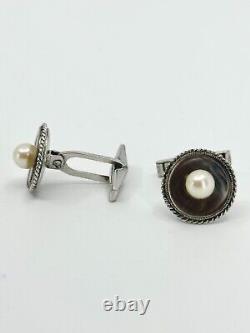 Boutons de manchette en perles de culture d'eau de mer Akoya en argent sterling et en nacre noire, vintage du Japon