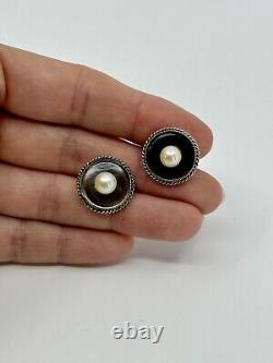 Boutons de manchette en perles de culture d'eau de mer Akoya en argent sterling et en nacre noire, vintage du Japon