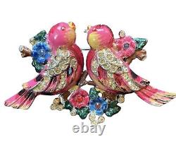 Broche en argent avec clip en fourrure de branche de fleurs oiseaux d'amour roses vintage
