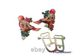 Broche en argent avec clip en fourrure de branche de fleurs oiseaux d'amour roses vintage