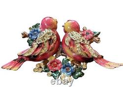Broche en argent avec clip en fourrure de branche de fleurs oiseaux d'amour roses vintage