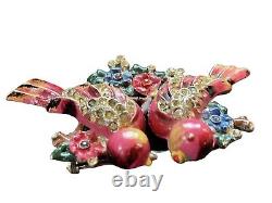Broche en argent avec clip en fourrure de branche de fleurs oiseaux d'amour roses vintage