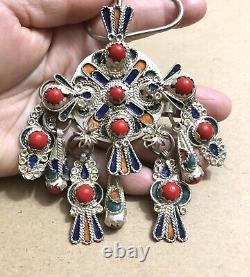 Broche paire de fibules berbères marocaines en argent vintage émaillé 3x3,5 bijoux ethniques.